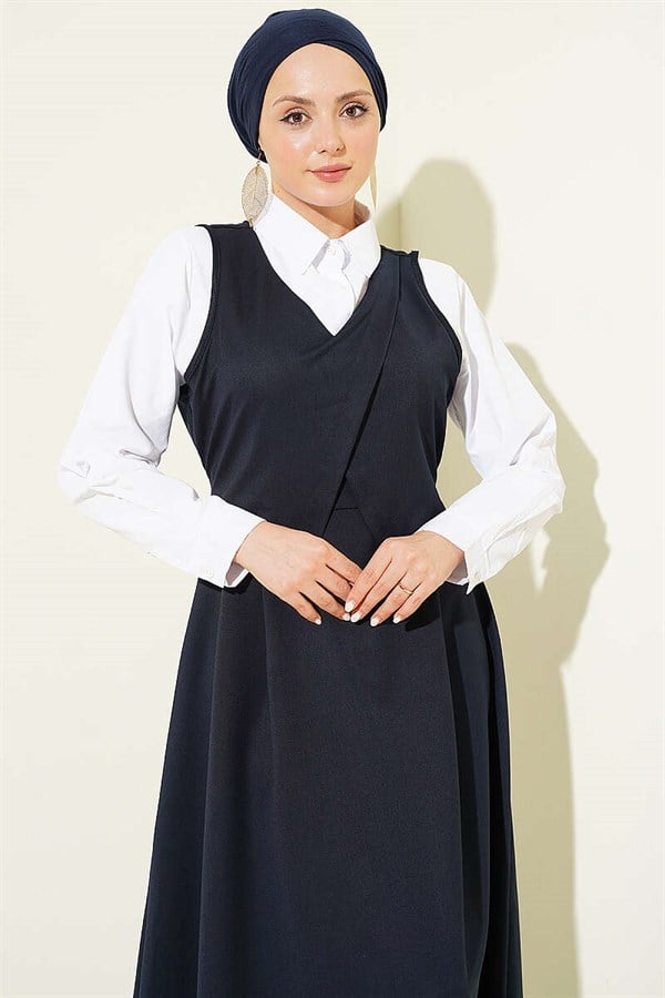 V-Neck Belted Sleeveless Dress Navy Blue