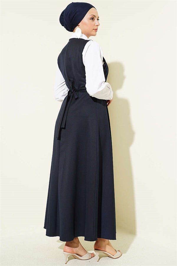 V-Neck Belted Sleeveless Dress Navy Blue