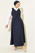 V-Neck Belted Sleeveless Dress Navy Blue