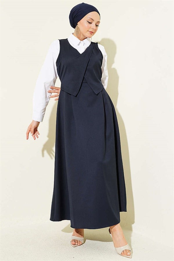 V-Neck Belted Sleeveless Dress Navy Blue