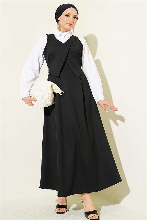 V-Neck Belted Sleeveless Dress Black