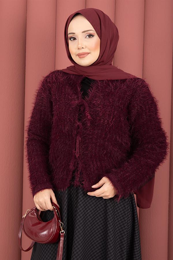 Vera Front-Tie Plush Cardigan, Burgundy