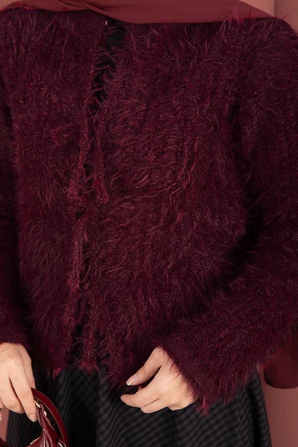Vera Front-Tie Plush Cardigan, Burgundy