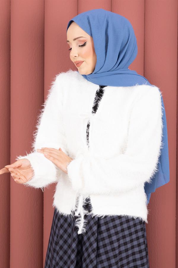 Vera Front-Tie Plush Cardigan, Ecru