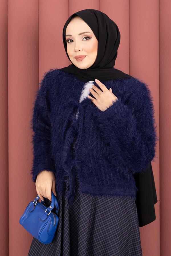 Vera Front-Tie Plush Cardigan Navy Blue