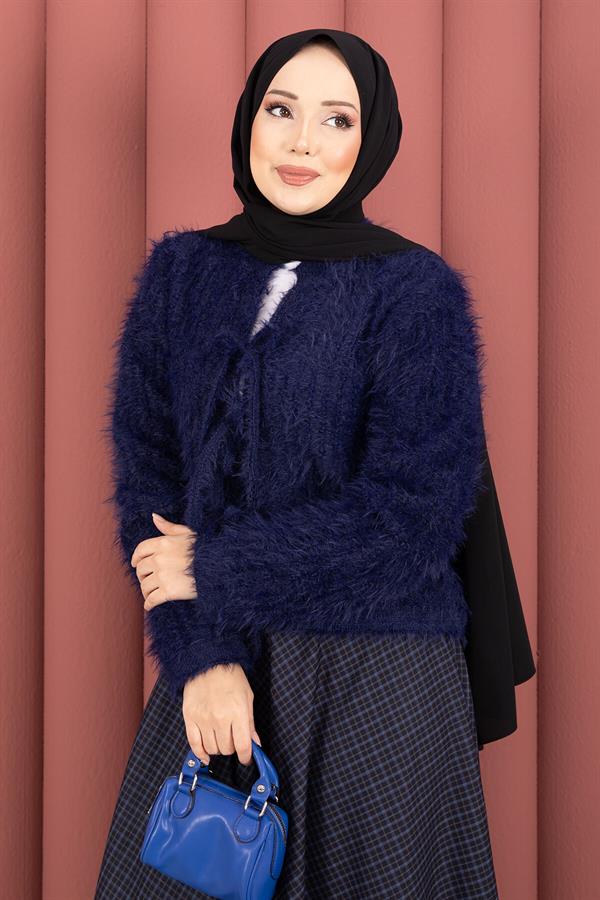 Vera Front-Tie Plush Cardigan Navy Blue