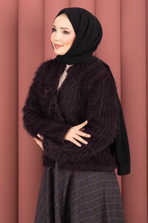 Vera Front-Tie Plush Cardigan, Plum