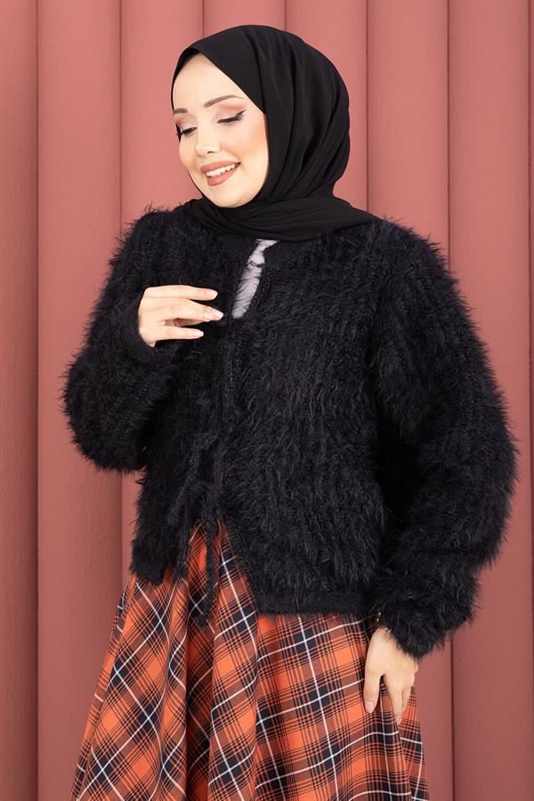 Vera Front-Tie Plush Cardigan Black