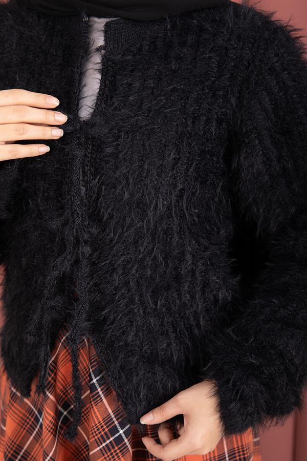 Vera Front-Tie Plush Cardigan Black