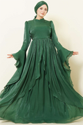 Emerald Green Draped Frilled Evening Dress with Ruffle Detail