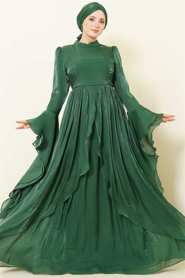 Emerald Green Draped Frilled Evening Dress with Ruffle Detail