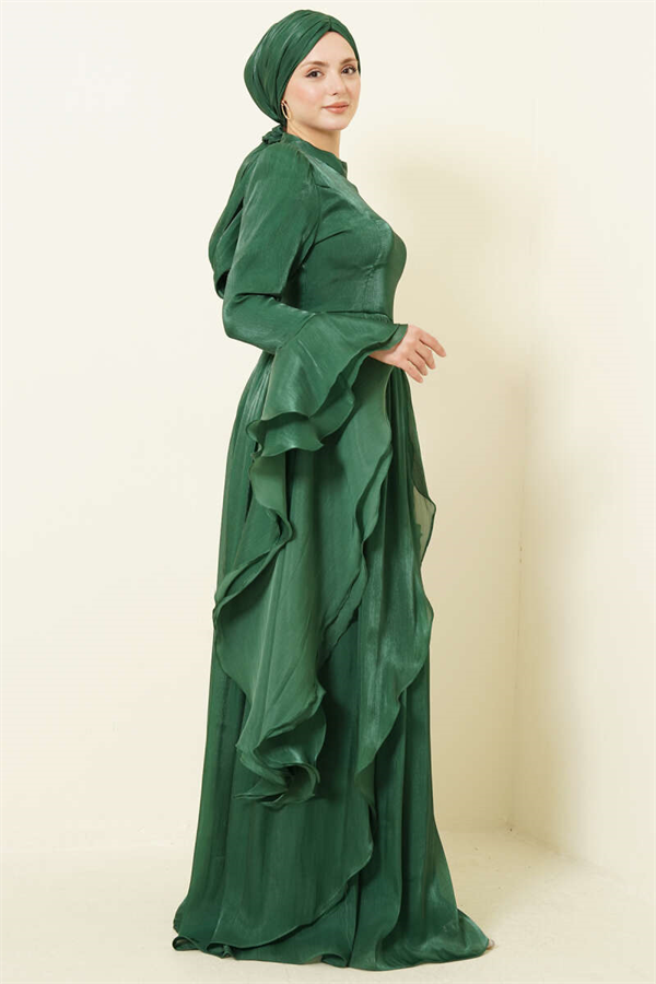 Emerald Green Draped Frilled Evening Dress with Ruffle Detail