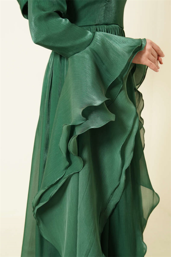 Emerald Green Draped Frilled Evening Dress with Ruffle Detail