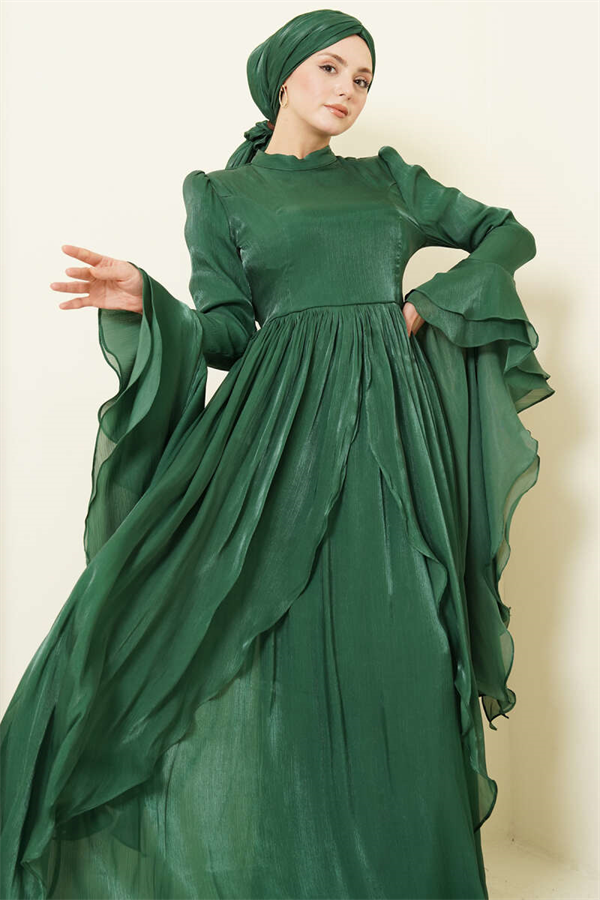 Emerald Green Draped Frilled Evening Dress with Ruffle Detail