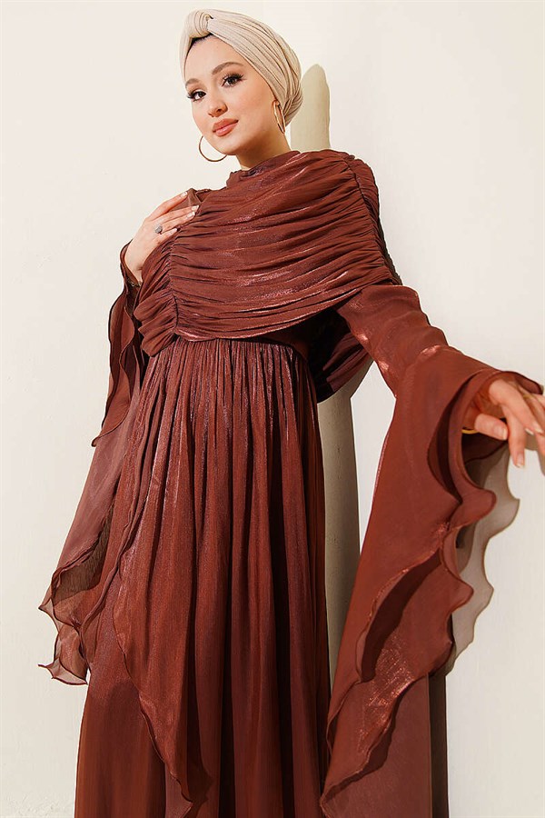 Frilled Draped Evening Dress with Ruffle Detail, Brown
