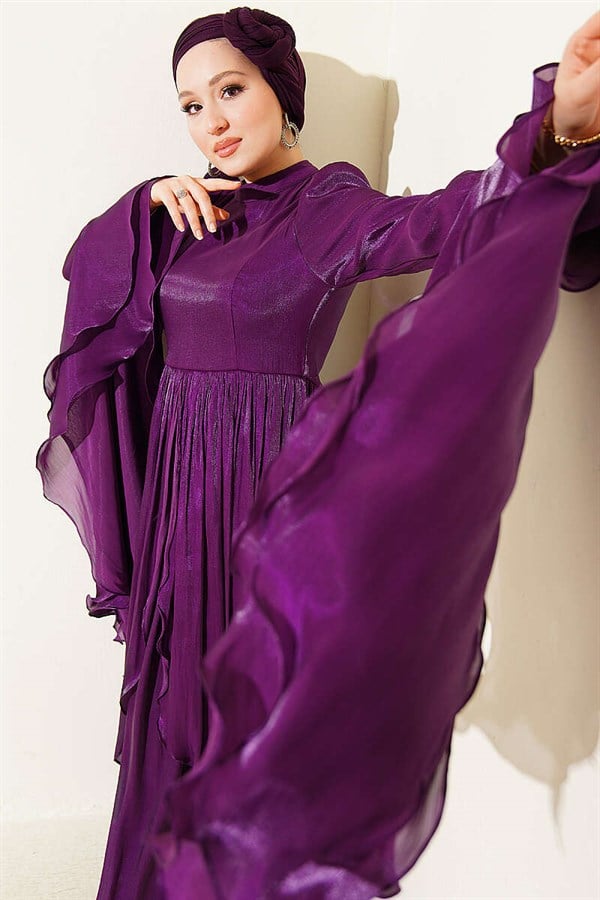 Ruffled Draped Evening Dress with Ruffle Detail, Purple