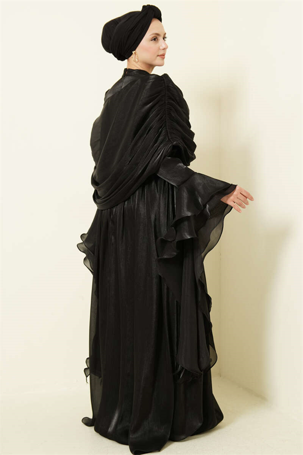 Black Draped Frilled Evening Dress with Ruffle Detail