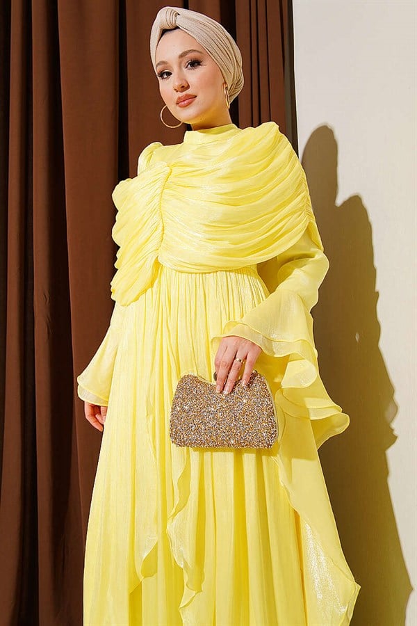 Yellow Draped Frilled Evening Dress with Ruffle Detail
