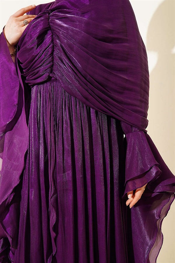 Ruffled Draped Evening Dress with Ruffle Detail, Purple