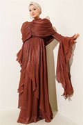 Frilled Draped Evening Dress with Ruffle Detail, Brown