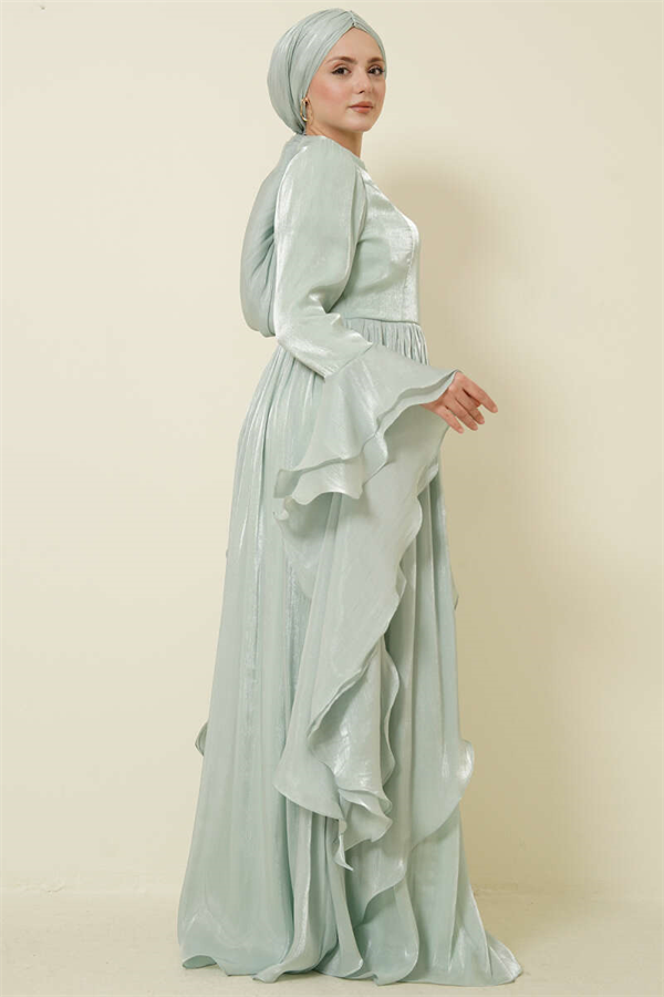 Ruffled Draped Evening Dress with Ruffle Detail, Mint