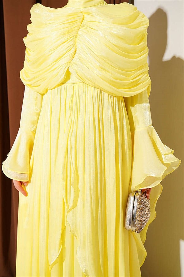 Yellow Draped Frilled Evening Dress with Ruffle Detail