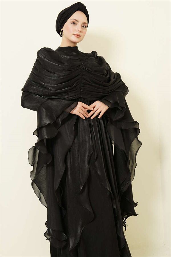 Black Draped Frilled Evening Dress with Ruffle Detail