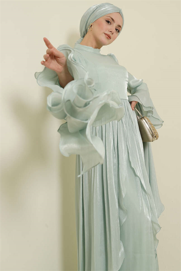 Ruffled Draped Evening Dress with Ruffle Detail, Mint