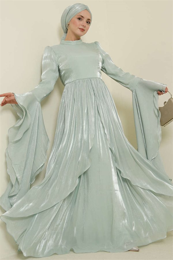 Ruffled Draped Evening Dress with Ruffle Detail, Mint