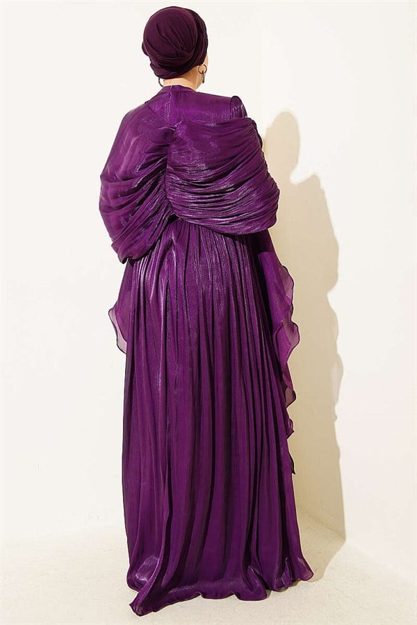 Ruffled Draped Evening Dress with Ruffle Detail, Purple