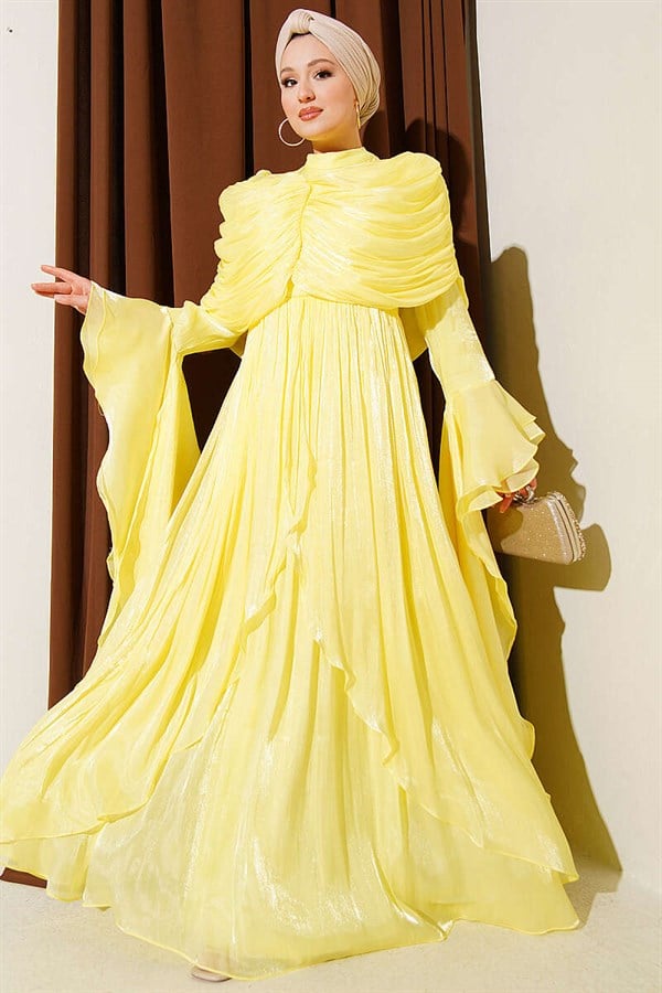 Yellow Draped Frilled Evening Dress with Ruffle Detail