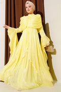 Yellow Draped Frilled Evening Dress with Ruffle Detail