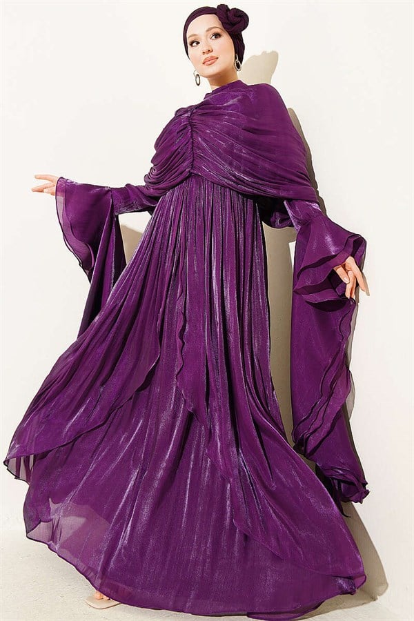 Ruffled Draped Evening Dress with Ruffle Detail, Purple