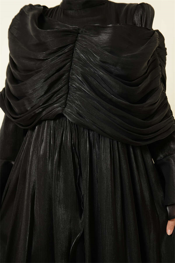 Black Draped Frilled Evening Dress with Ruffle Detail