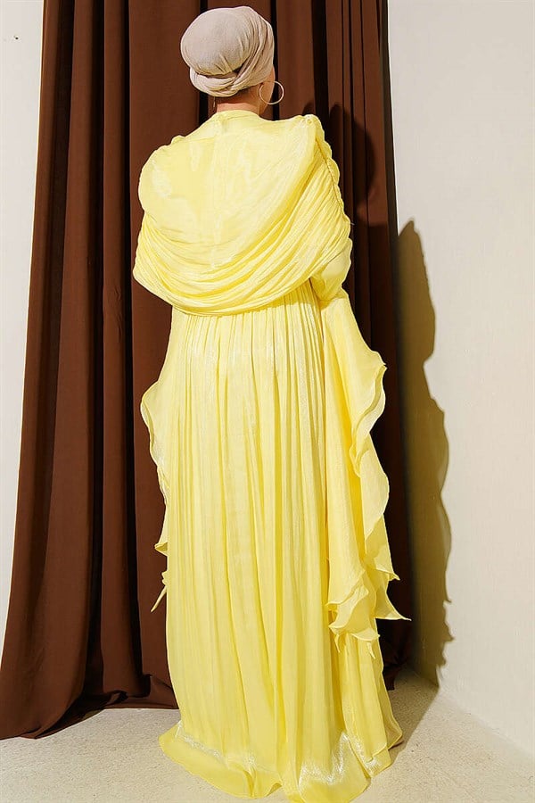 Yellow Draped Frilled Evening Dress with Ruffle Detail