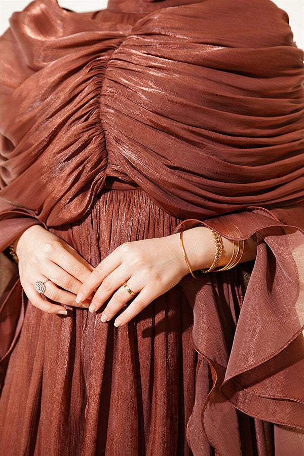 Frilled Draped Evening Dress with Ruffle Detail, Brown