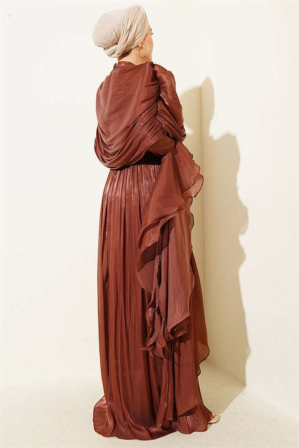 Frilled Draped Evening Dress with Ruffle Detail, Brown