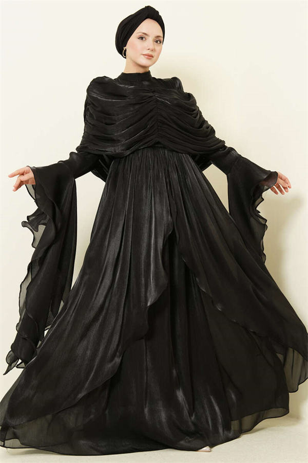 Black Draped Frilled Evening Dress with Ruffle Detail