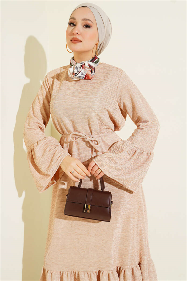 Ruffled Drop Knit Dress Beige