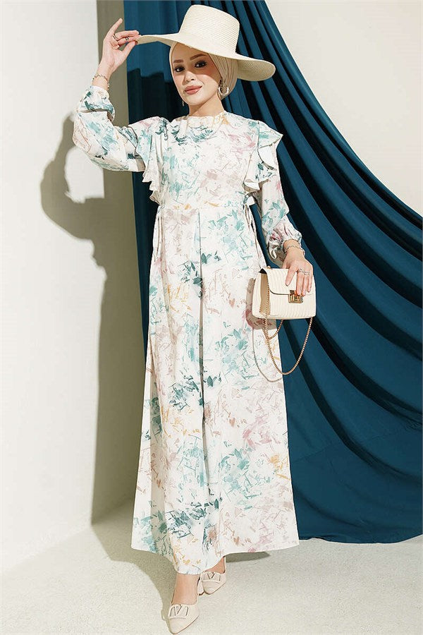 Ruffled Patterned Tie-Up Dress, Beige
