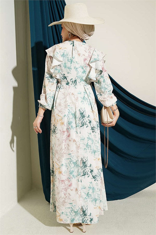 Ruffled Patterned Tie-Up Dress, Beige