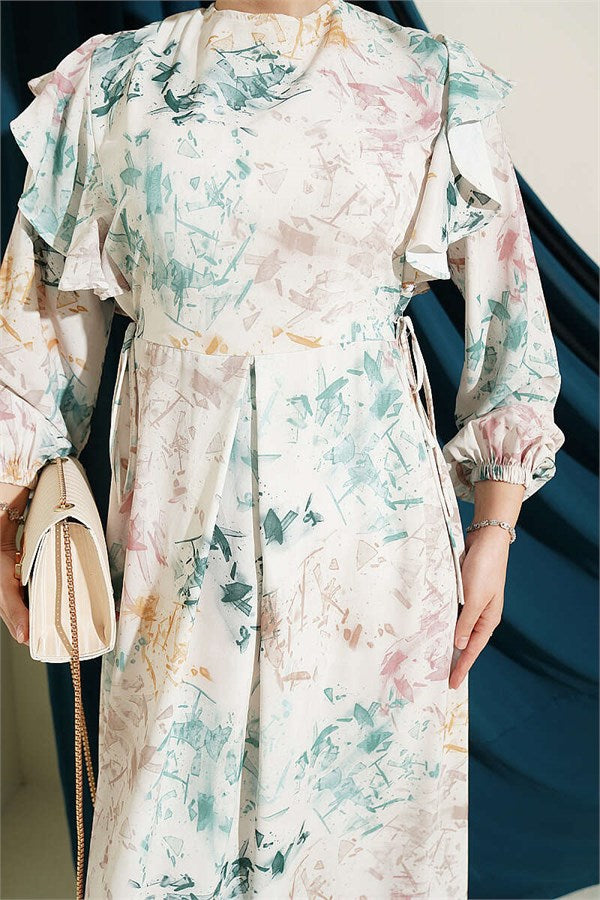 Ruffled Patterned Tie-Up Dress, Beige