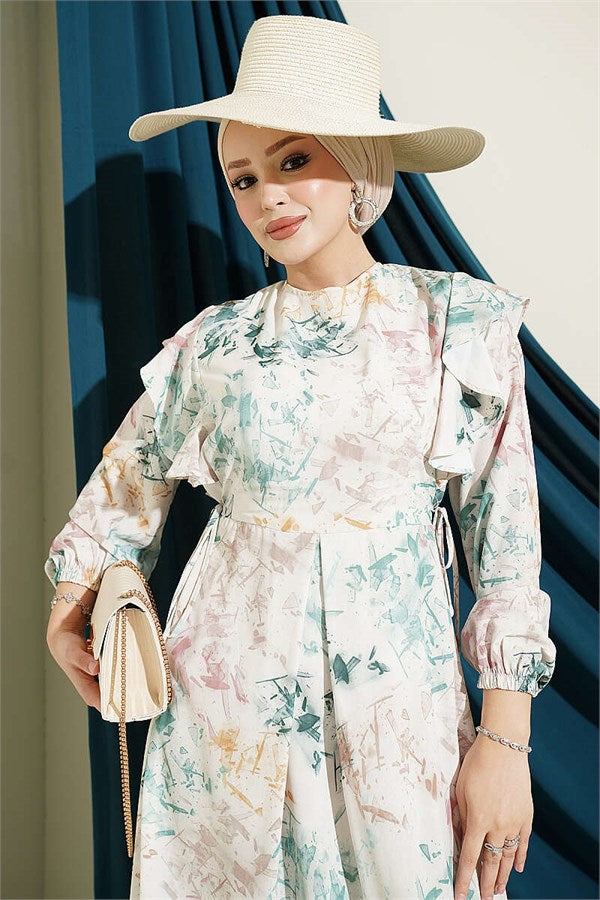 Ruffled Patterned Tie-Up Dress, Beige