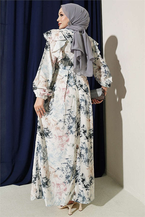 Ruffled Patterned Tie-Up Dress, Ecru