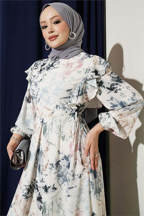 Ruffled Patterned Tie-Up Dress, Ecru