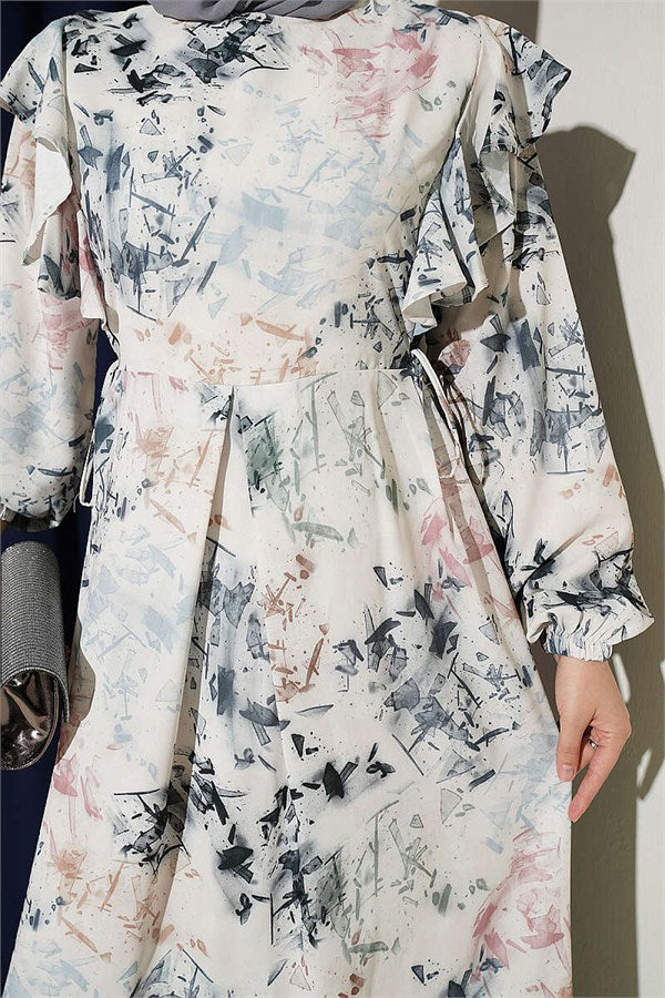Ruffled Patterned Tie-Up Dress, Ecru