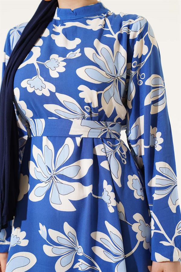 Flounce Patterned Belted Dress Indigo