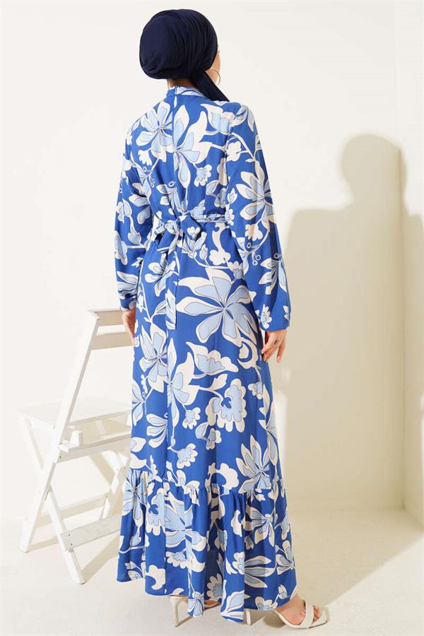 Flounce Patterned Belted Dress Indigo