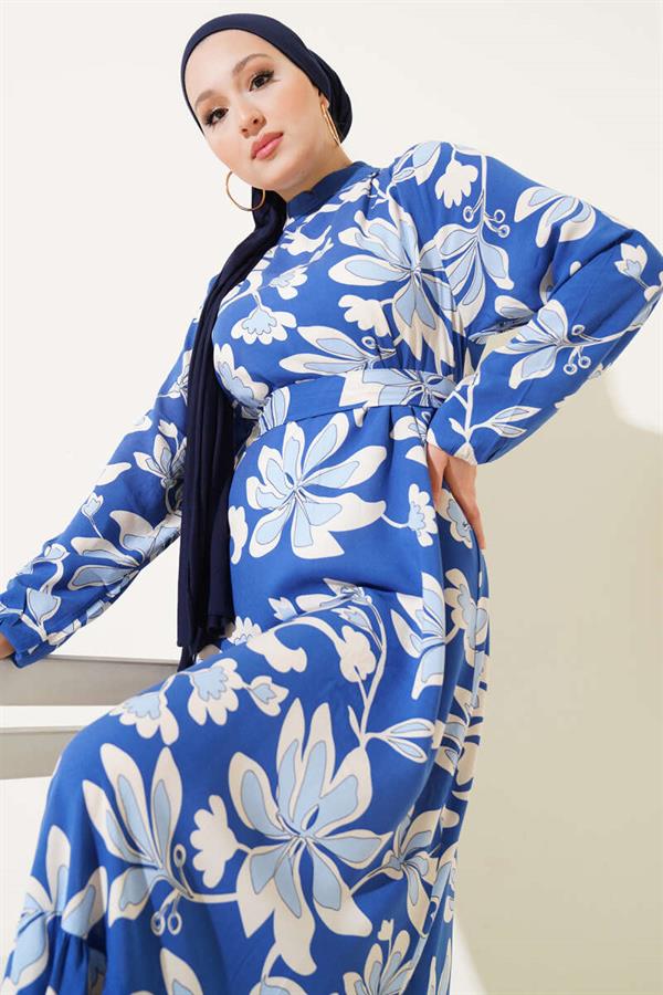 Flounce Patterned Belted Dress Indigo