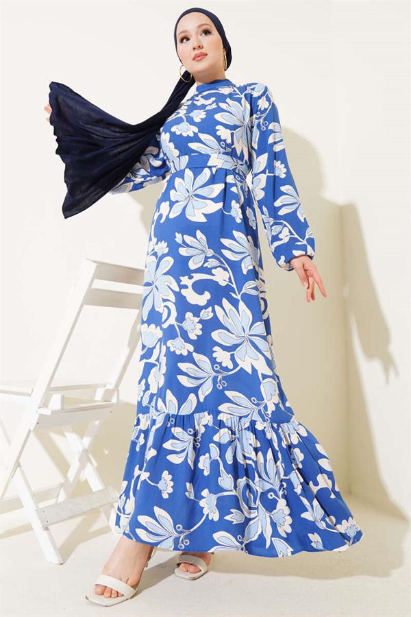 Flounce Patterned Belted Dress Indigo